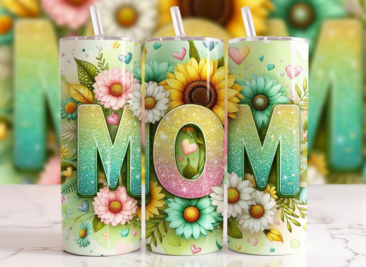 20 oz MOM Tumbler with Sunflowers & Pastel Green Floral Design – Stainless Steel Travel Cup