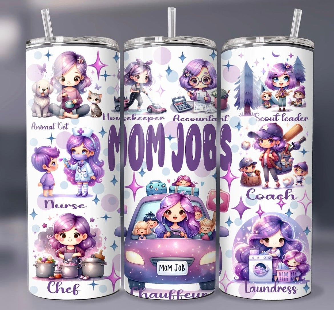 20 oz MOM Jobs Tumbler – Funny Mom Multitasking Design – Stainless Steel Travel Cup