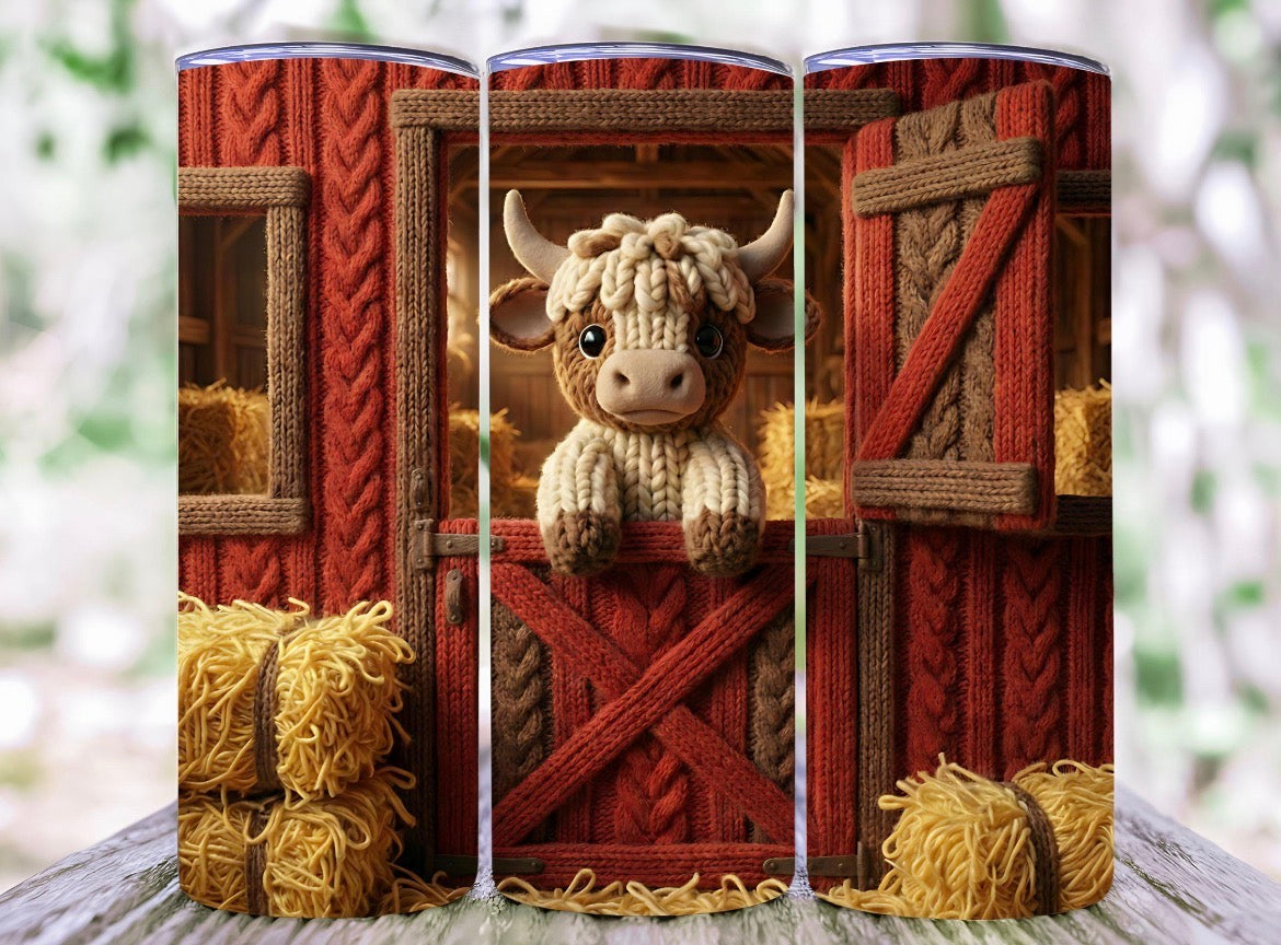 20 oz Knitted Cow Tumbler – Cozy Farmyard Crochet Design – Stainless Steel Travel Cup