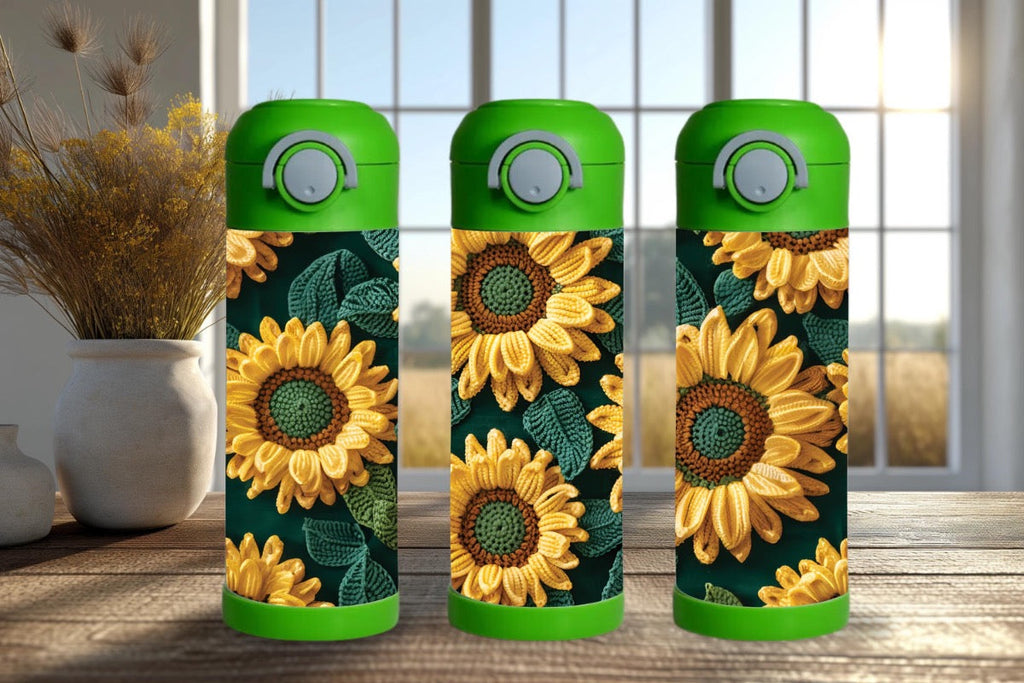 15oz Kids Water Bottle – Crochet Sunflowers Design