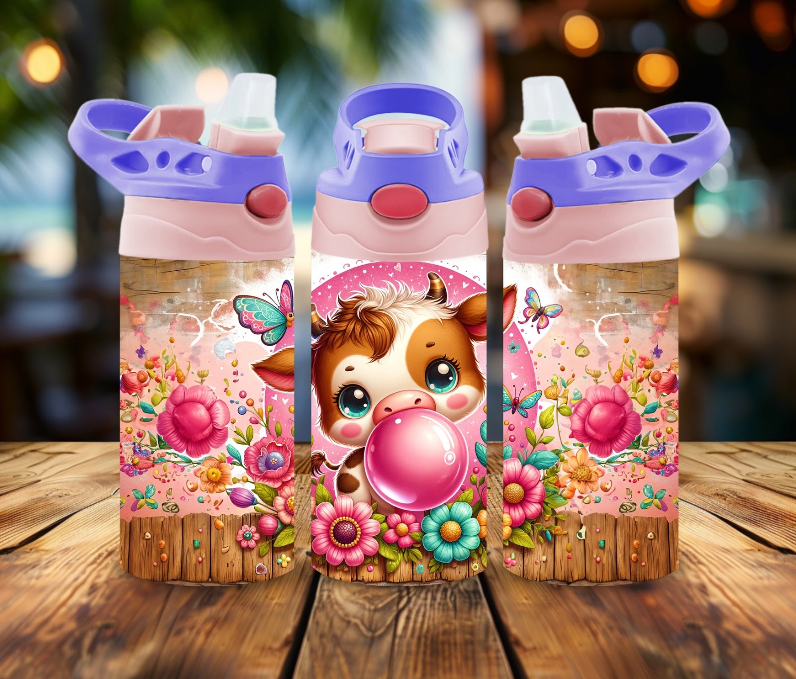 12 oz Water Bottle Bubblegum cow vibes