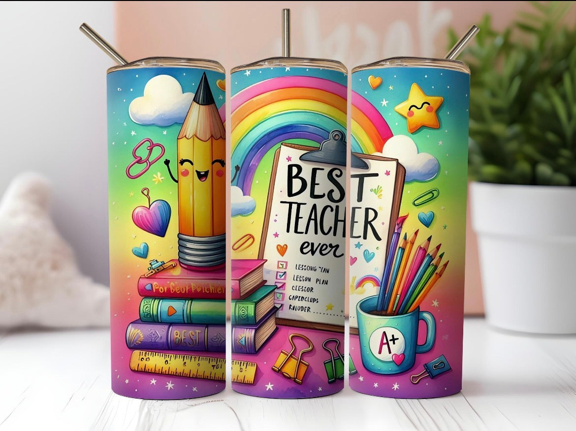 20 oz Best Teacher Tumbler with Rainbow & School Supplies Design – Stainless Steel Travel Cup