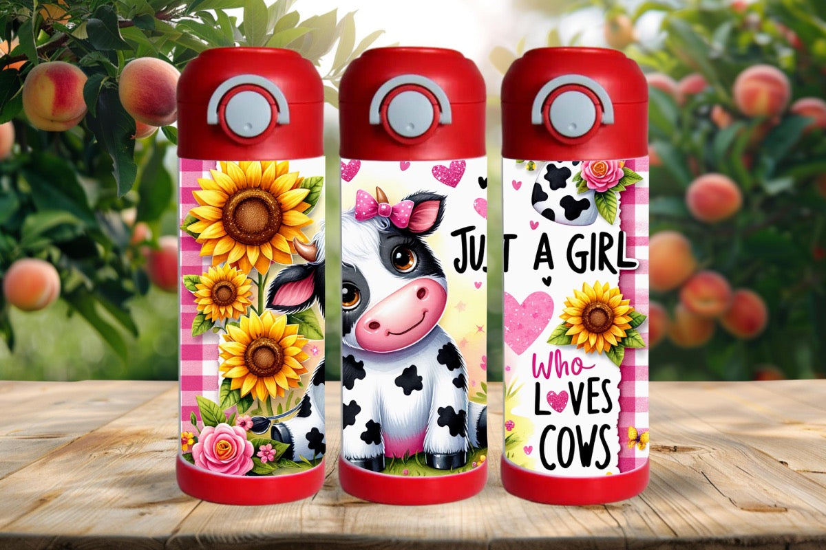 15oz Kids Water Bottle – Just a Girl Who Loves Cows Design