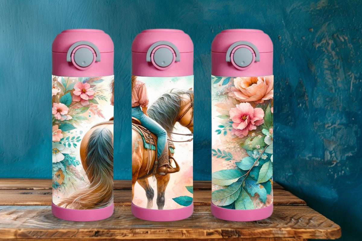 15oz Kids Water Bottle – Girl Riding a Horse Design