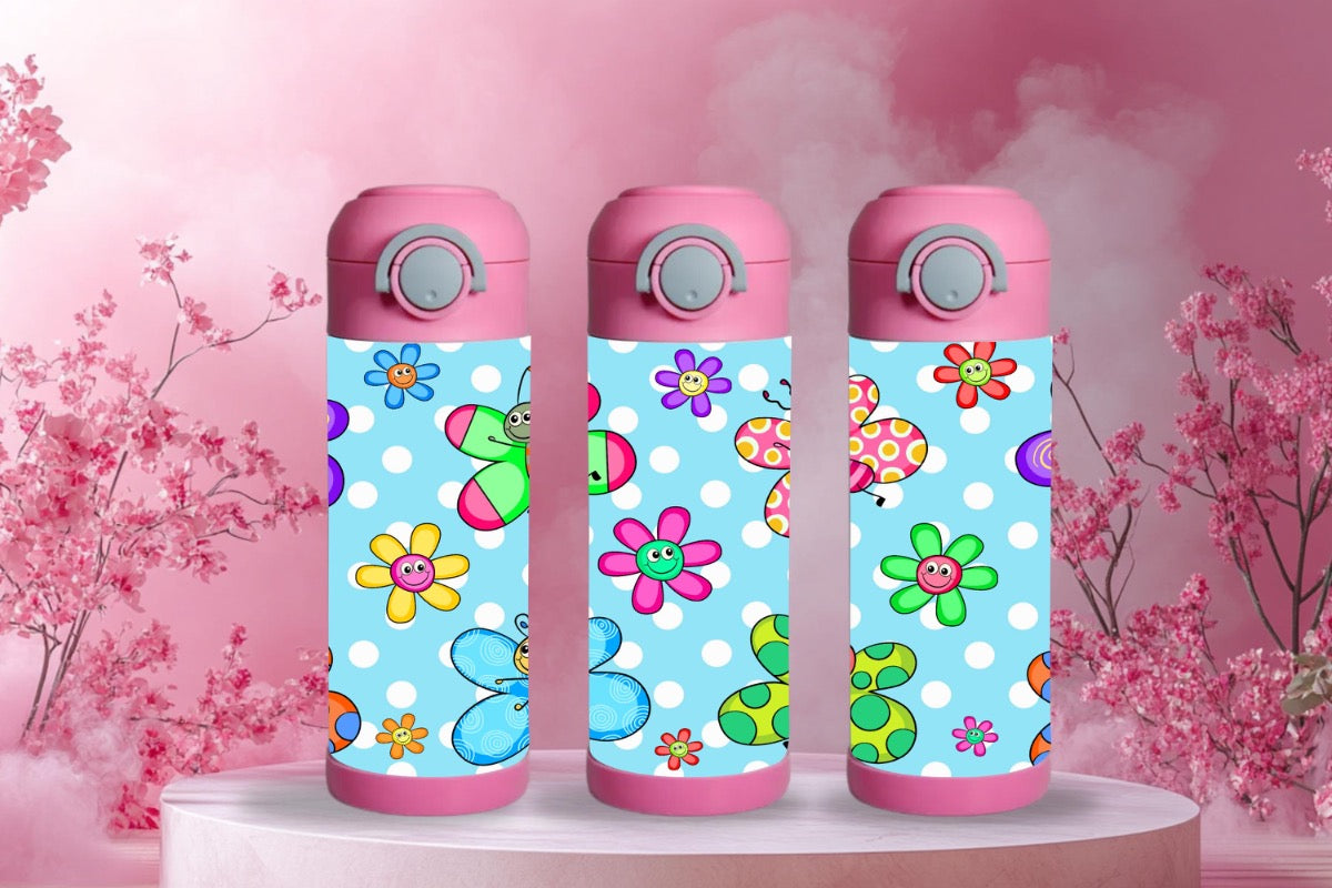 15oz Kids Water Bottle – Colorful Butterflies Design