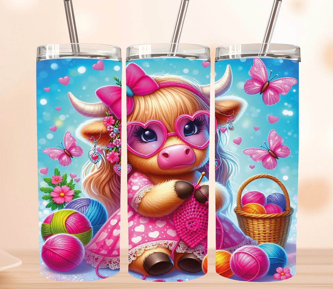 20 oz Knitting Cow Tumbler – Cute Kawaii Crochet Design with Yarn & Pink Accessories – Stainless Steel Travel Cup