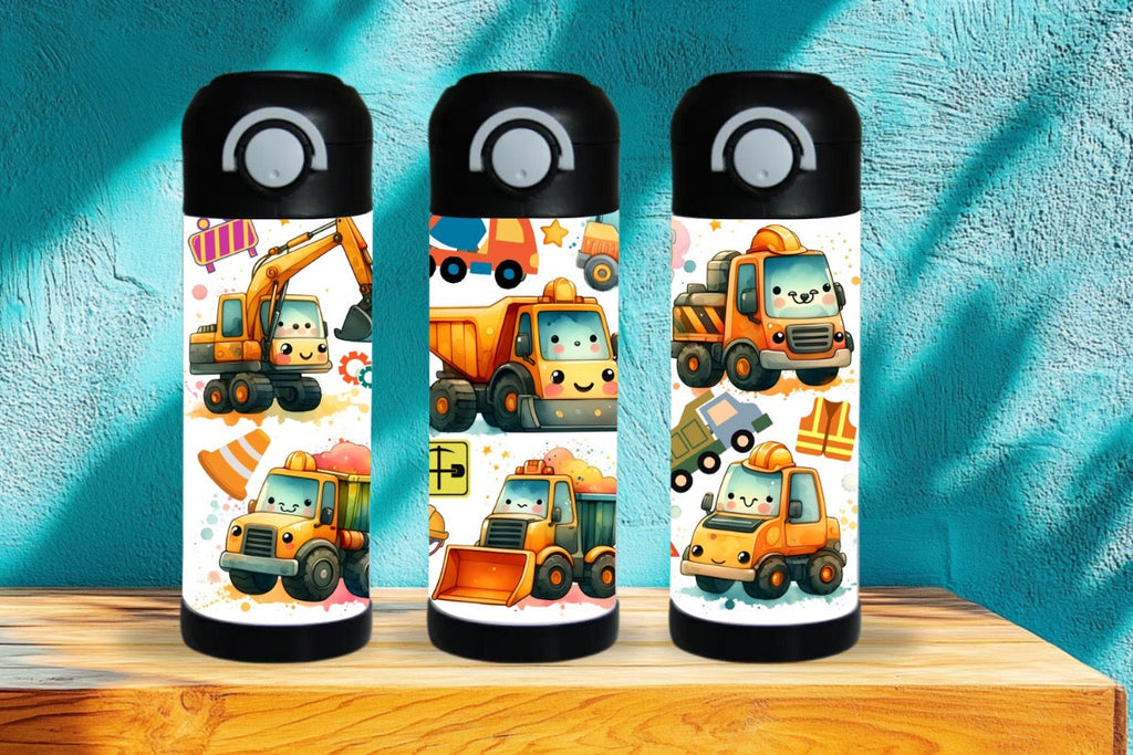 15oz Kids Water Bottle – Yellow Dump Trucks and Backhoe Design