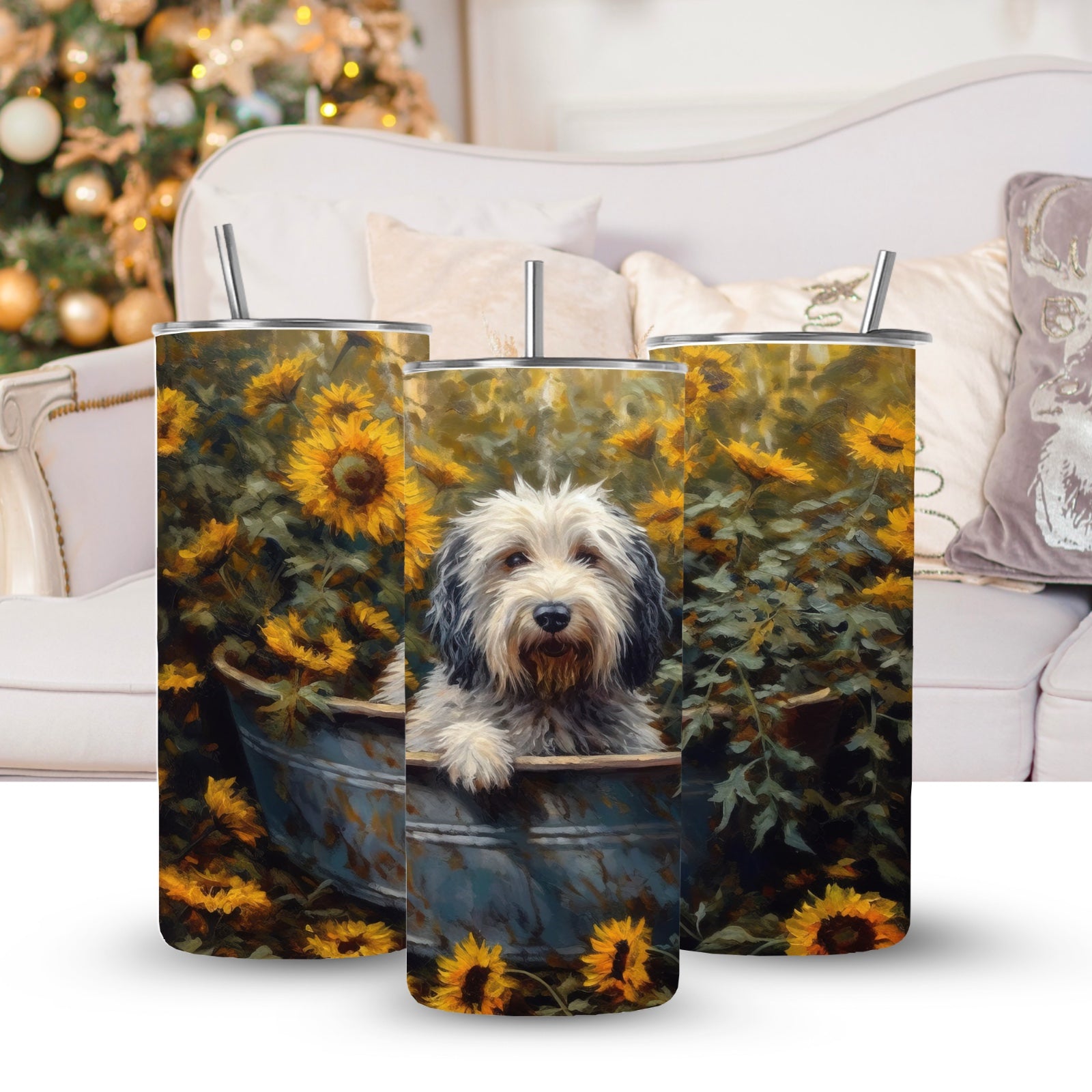 Tumbler 20 oz Cute dog, sunny sunflowers