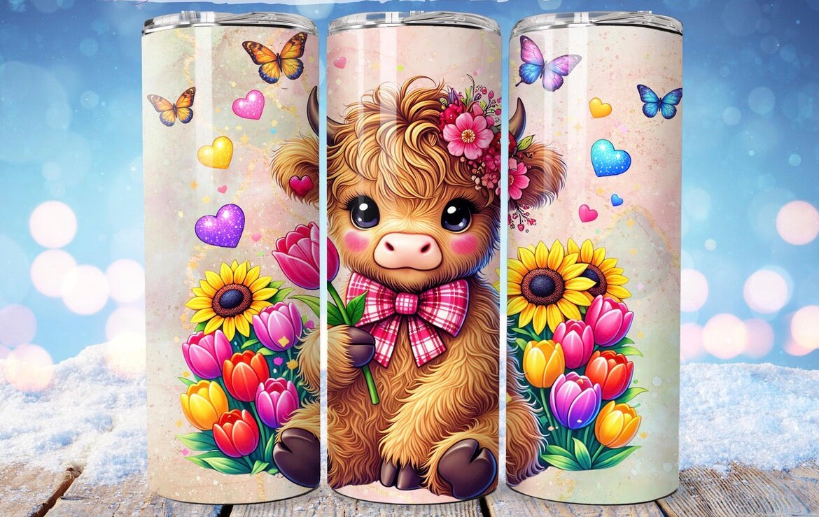 20 oz Flower Cow Tumbler – Cute Cow with Flowers Design – Stainless Steel Travel Cup