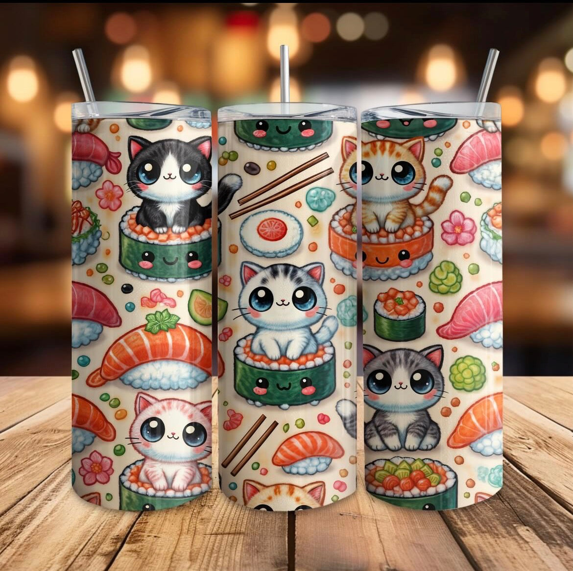 20 oz Sushi Cats Tumbler – Cute Kawaii Cats Eating Sushi – Stainless Steel Travel Cup