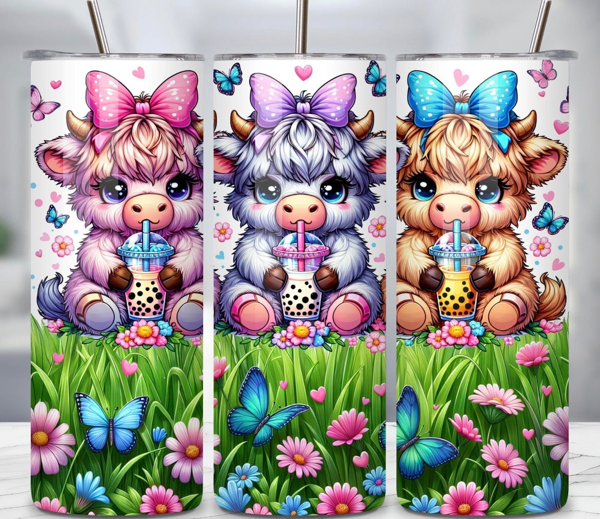 20 oz Three Cows Tumbler – Cute Grass, Flowers & Butterflies Design – Stainless Steel Travel Cup