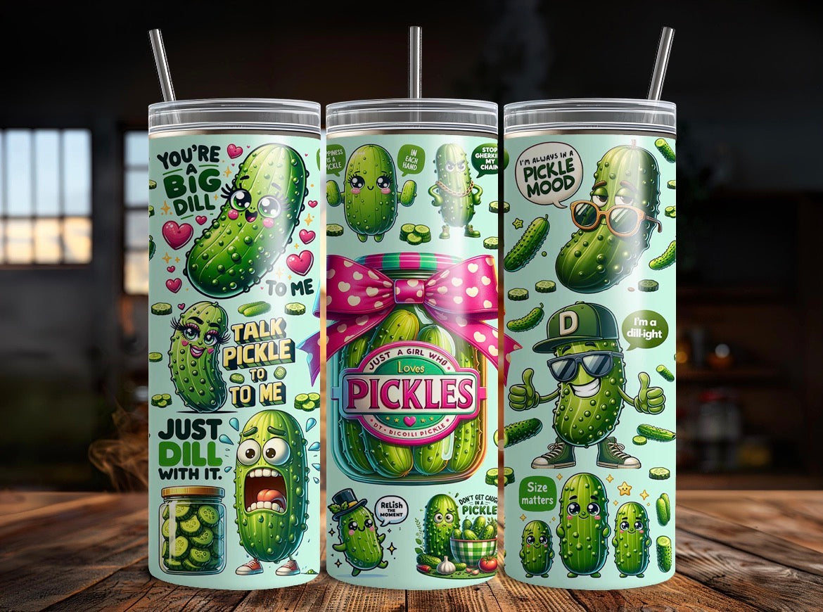 20 oz Pickles Tumbler – Cute Animated Pickles Design – Stainless Steel Travel Cup