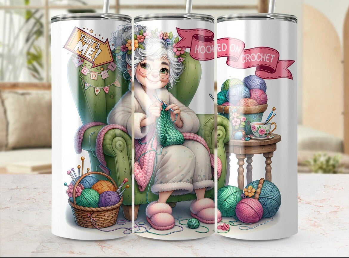 20 oz Grandma Knitting Tumbler – Cozy Crocheting Design on Sofa – Stainless Steel Travel Cup