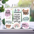 Tumbler 20 oz with positive words, featuring thermal insulation that keeps beverages hot and cold