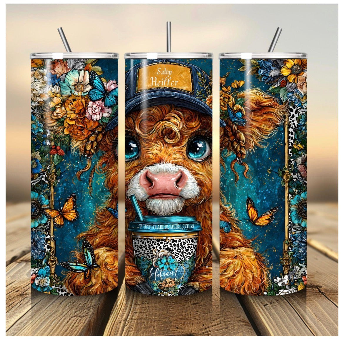 20 oz Blue Cow Tumbler – Cute Coffee Drinking Cow Design – Stainless Steel Travel Cup