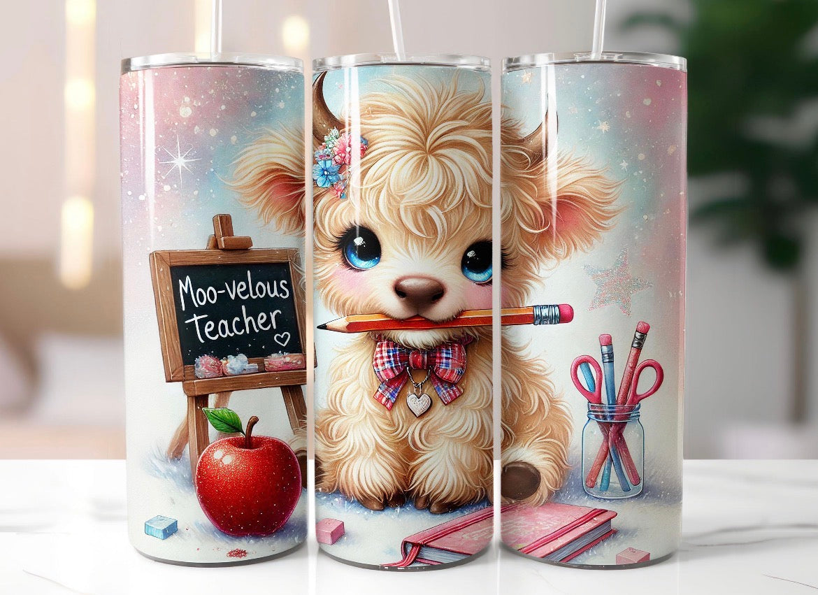 20 oz Moo-velous Teacher Tumbler – Cute Cow with Pencil & Chalkboard Design – Stainless Steel Travel Cup