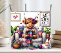 20 oz Knitting Cow Tumbler – Cute Crochet Design with Yarn & “Eat Sleep Knit Repeat” – Stainless Steel Travel Cup
