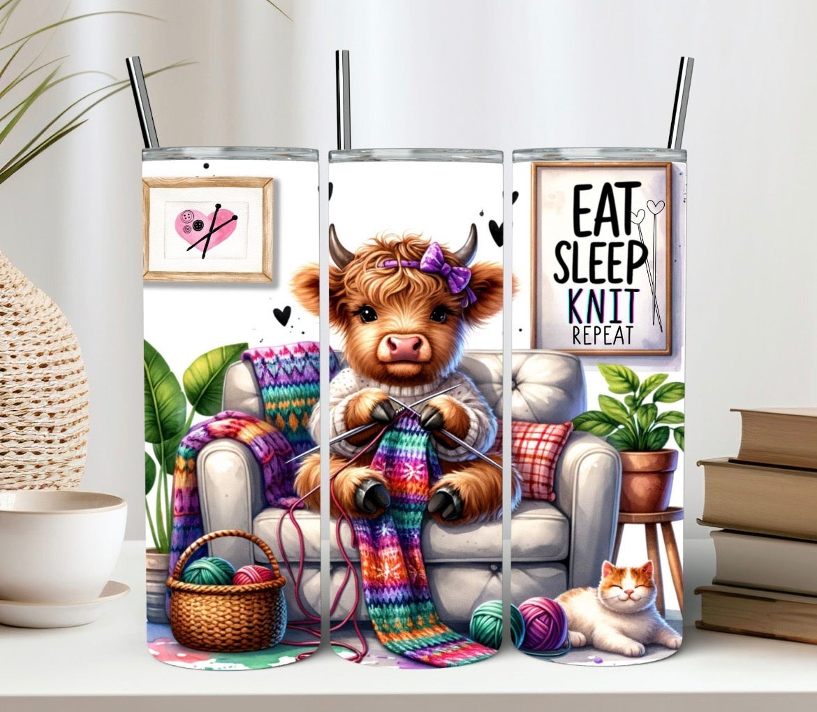 20 oz Knitting Cow Tumbler – Cute Crochet Design with Yarn & “Eat Sleep Knit Repeat” – Stainless Steel Travel Cup