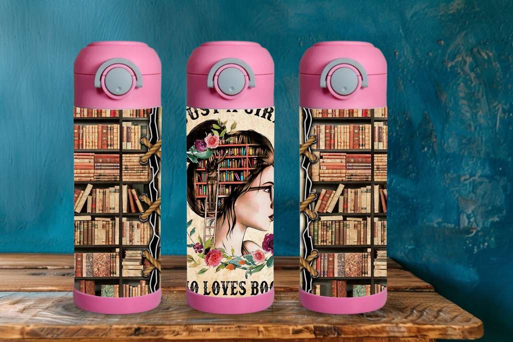 15oz Kids Water Bottle – Woman with Transparent Head and Books Design