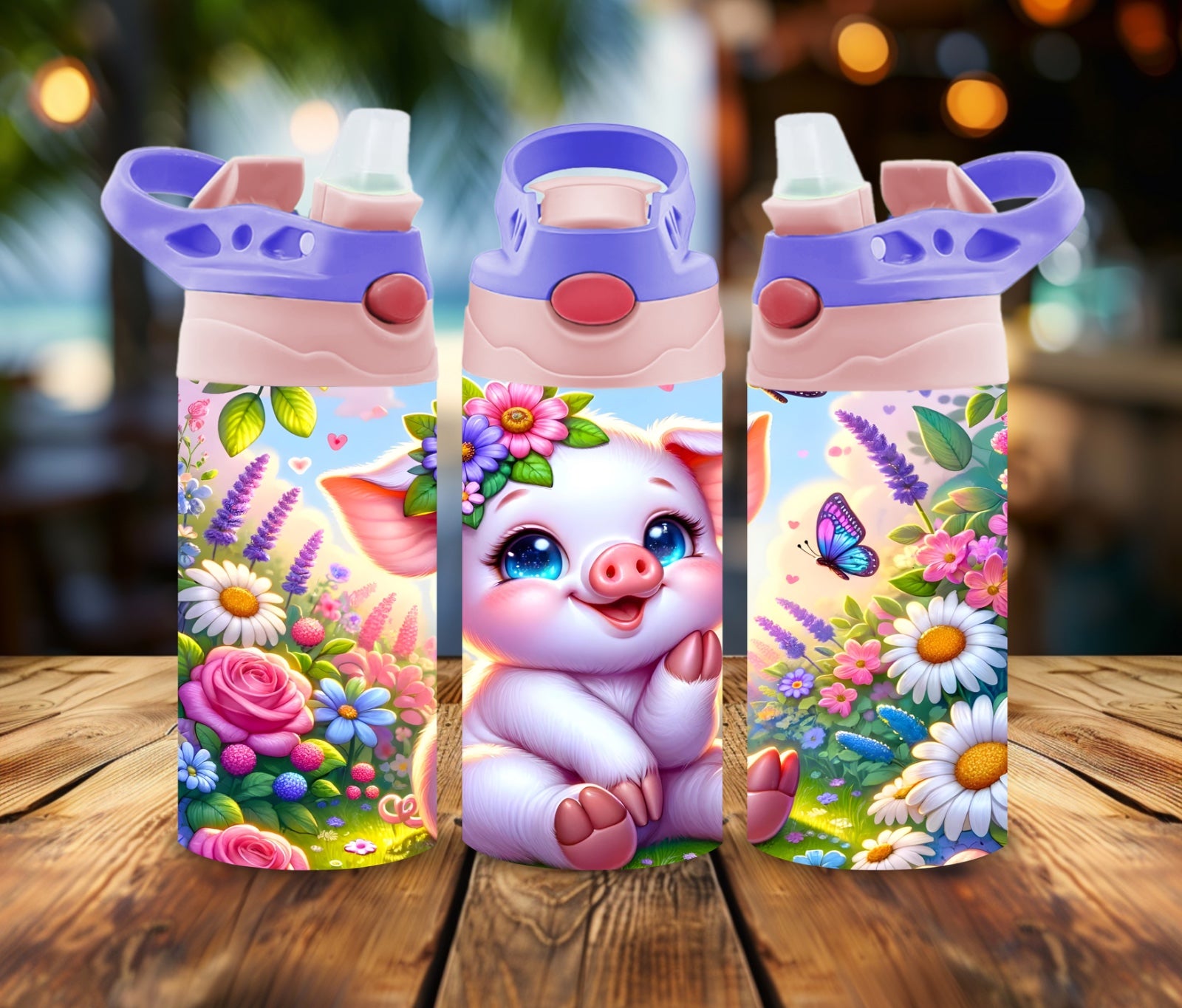 12oz Water Bottle Happy Piglet in bloom