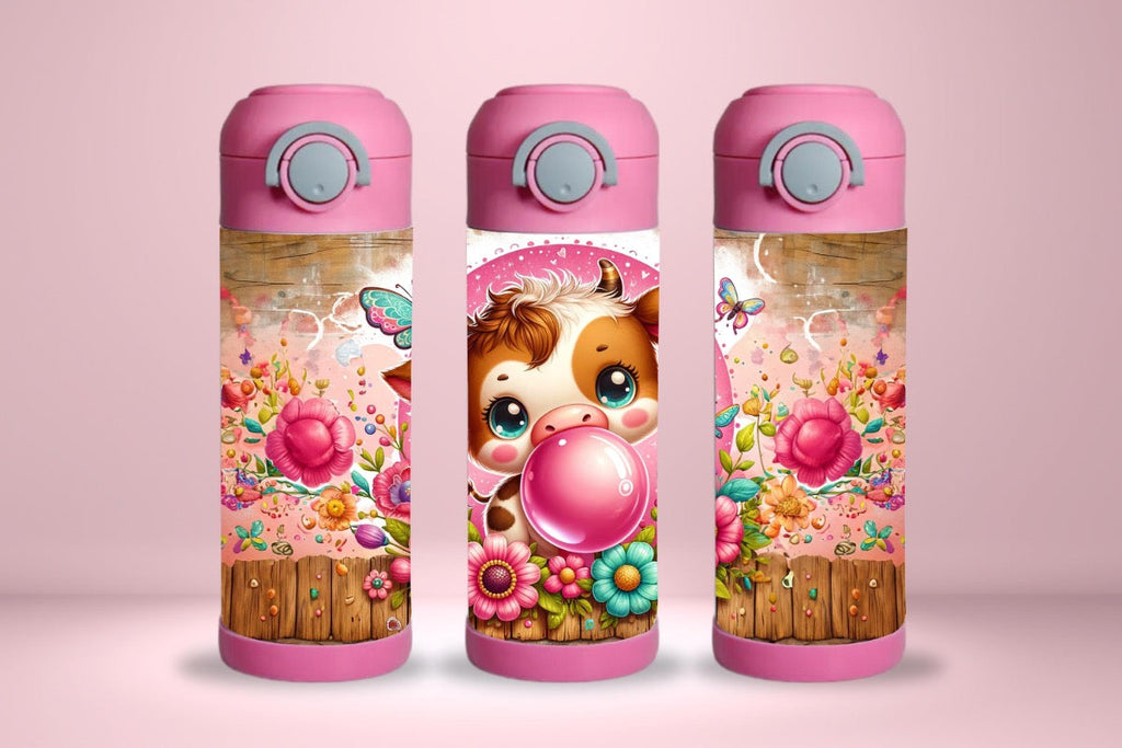 15oz Kids Water Bottle – Bubble Chewing Cow Design