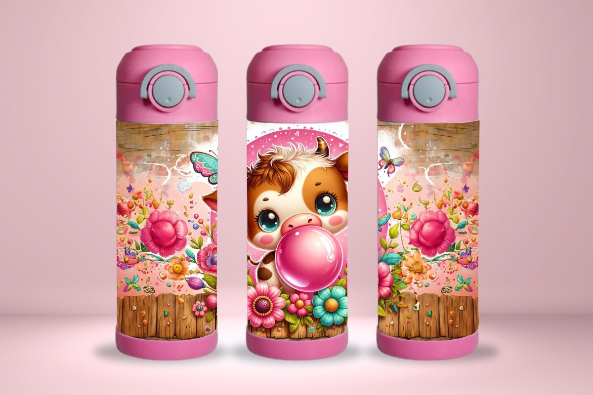 15oz Kids Water Bottle – Bubble Chewing Cow Design