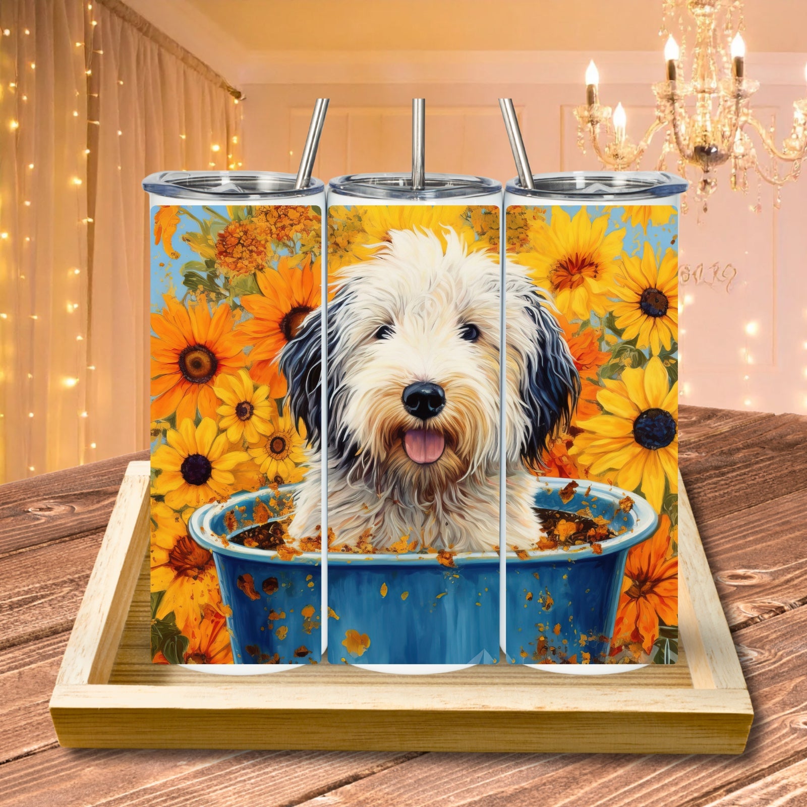Tumbler 20 oz Sunshine, sunflowers, and a happy pup