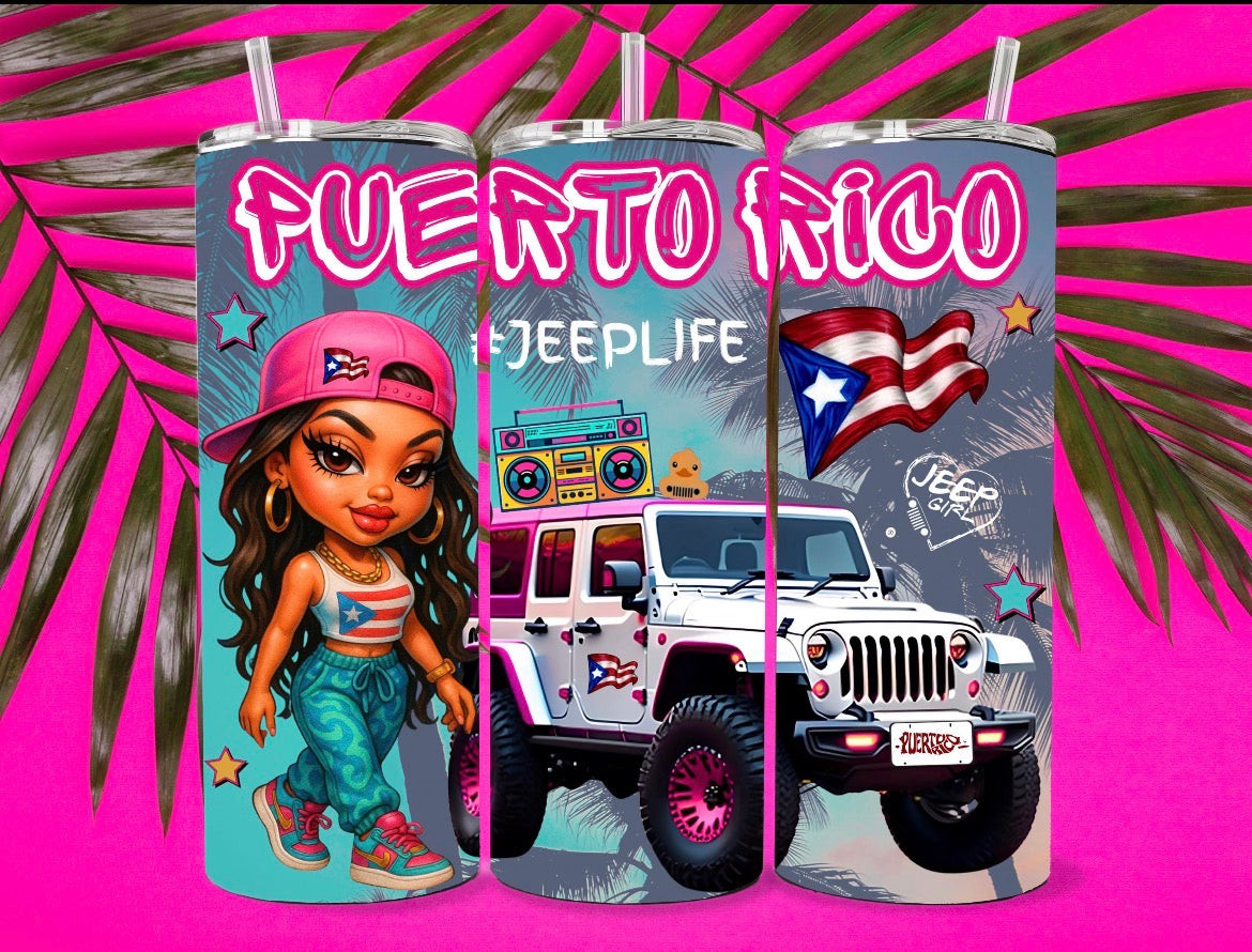 20 oz Jeep Vibes Tumbler – Girl with Off-Road Vehicle & Puerto Rico Design – Stainless Steel Travel Cup