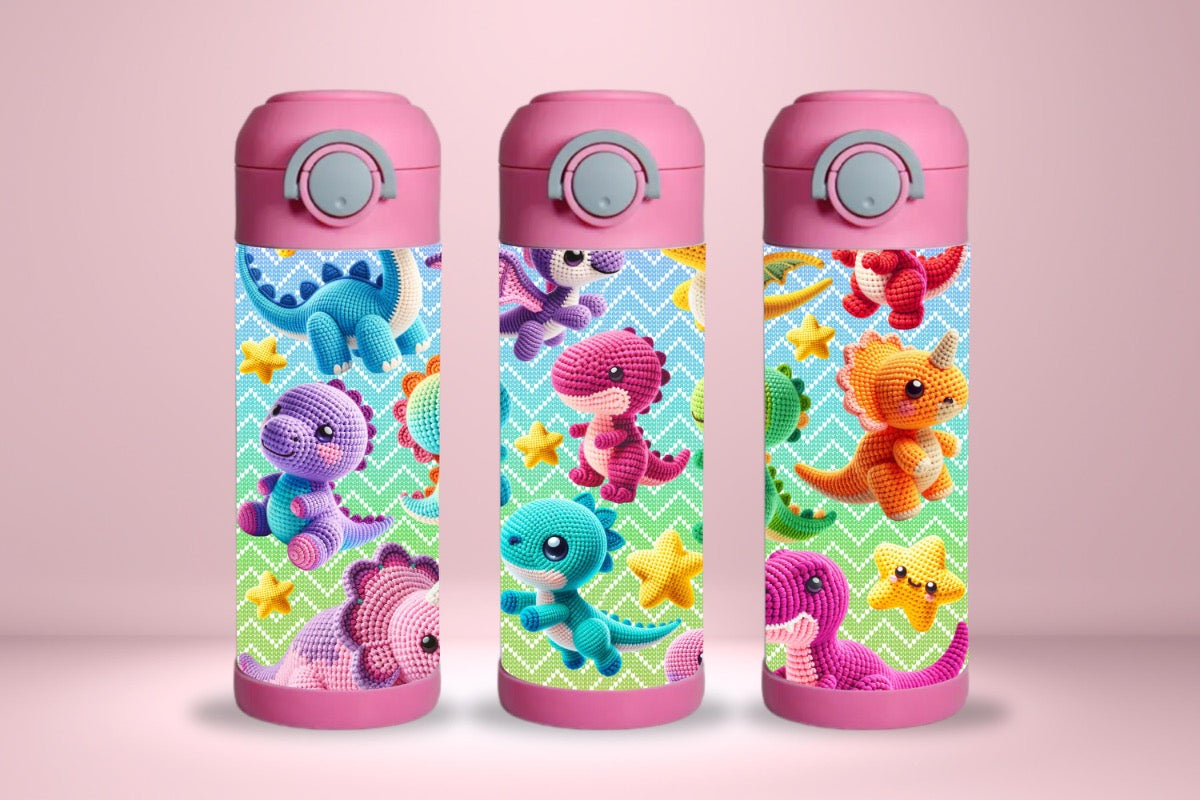 15oz Kids Water Bottle – Colorful Crochet Dinosaurs Design