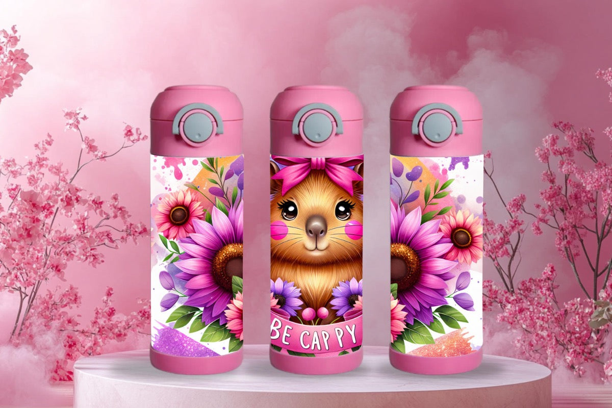 15oz Kids Water Bottle – Capybara with Hair Bow Design
