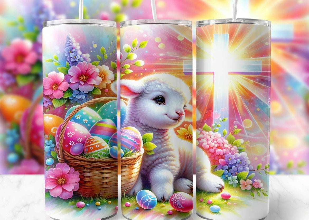 20 oz Baby Lamb Easter Tumbler with Cross, Sun & Floral Design – Stainless Steel Travel Cup