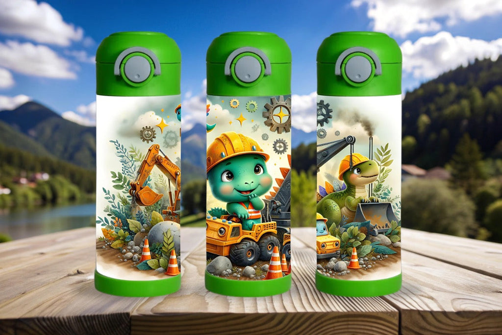 15oz Kids Water Bottle – Dinosaurs with Construction Helmets and Trucks Design
