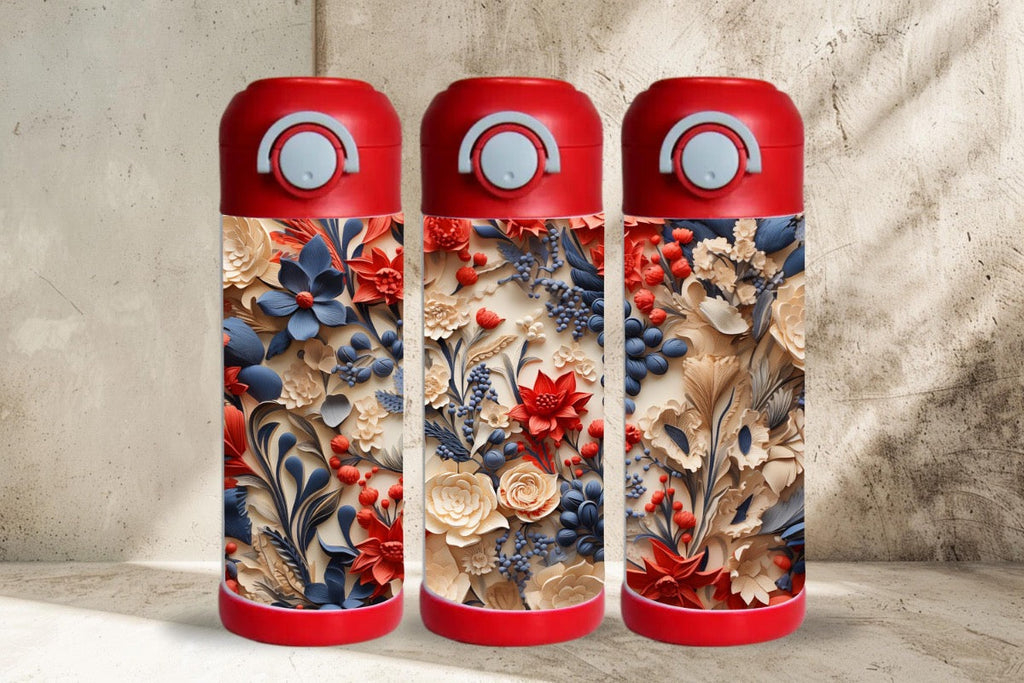 15oz Kids Water Bottle – 3D Red and Blue Flowers Design