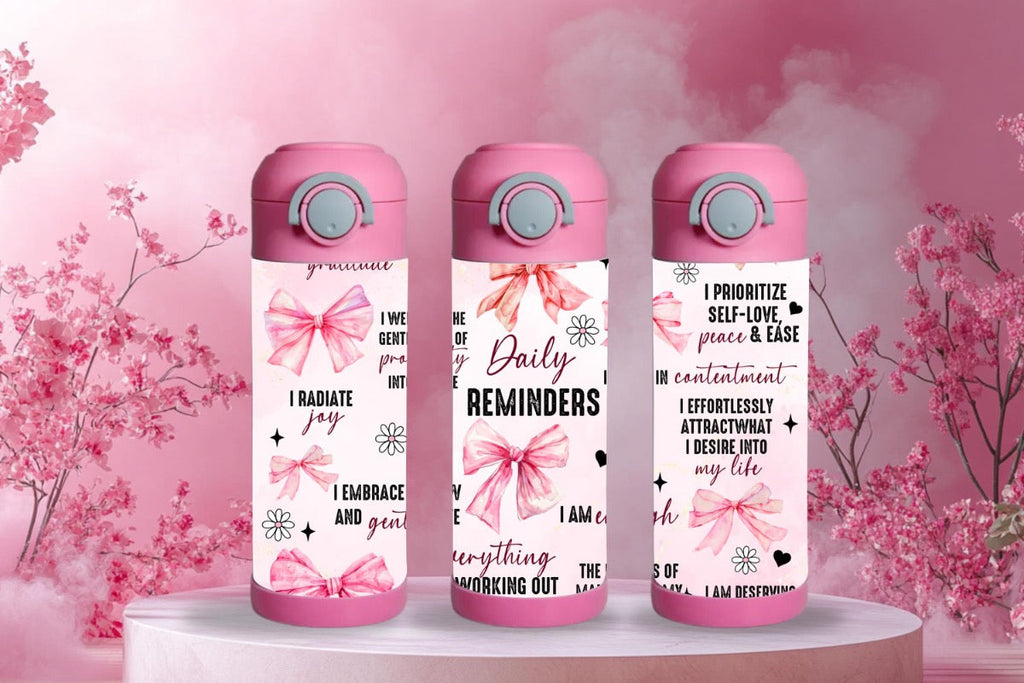 15oz Kids Water Bottle – Motivational Quotes with Pink Bows Design
