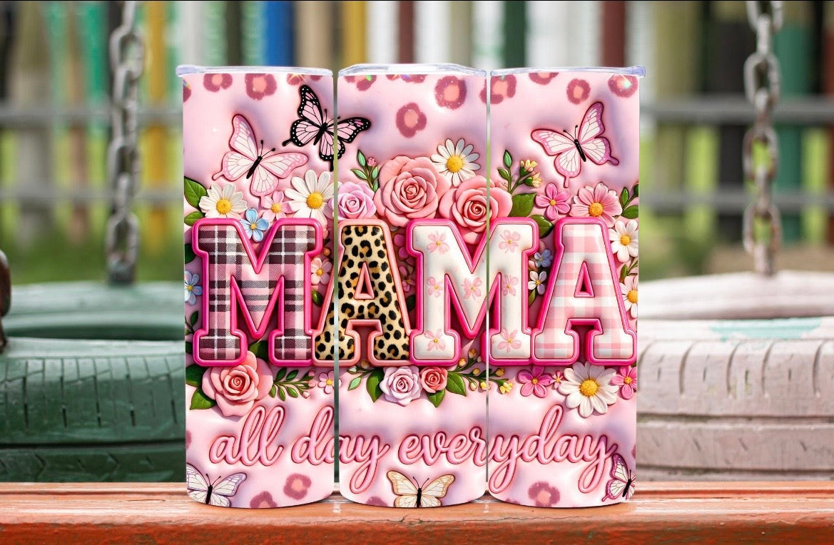 20 oz MAMA Tumbler – Pastel Pink Embroidered Style with Butterflies & “Mama All Day Every Day”