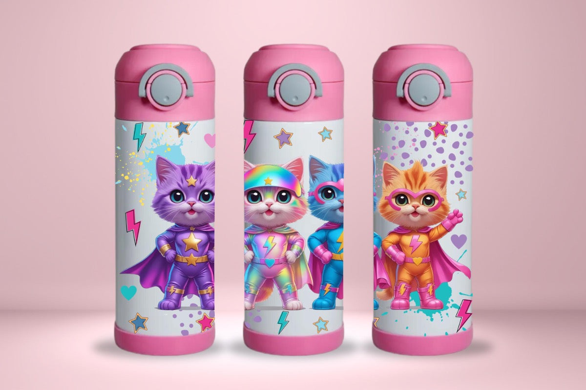 15oz Kids Water Bottle – Superhero Cats Design