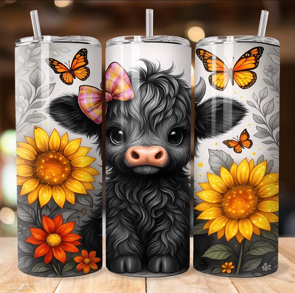 20 oz Black Cow Tumbler – Cute Floral Design with Sunflowers, Roses & Pink Bow – Stainless Steel Travel Cup