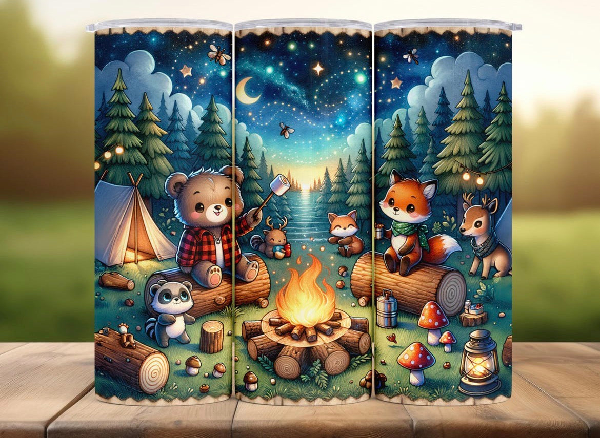 20 oz Wild Animals Camping Tumbler – Mountain Night Campfire Design – Stainless Steel Travel Cup