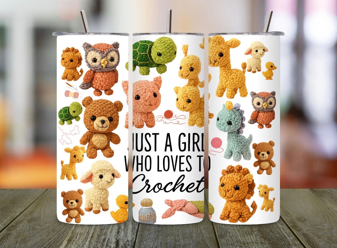 20 oz Crochet Animals Tumbler – Just a Girl Who Loves to Crochet – Stainless Steel Travel Cup